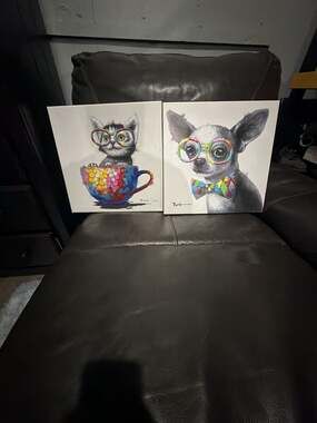 Set of 2 Decorative Canvas Wall Art Prints Featuring Kitten in Teacup and Chihua
